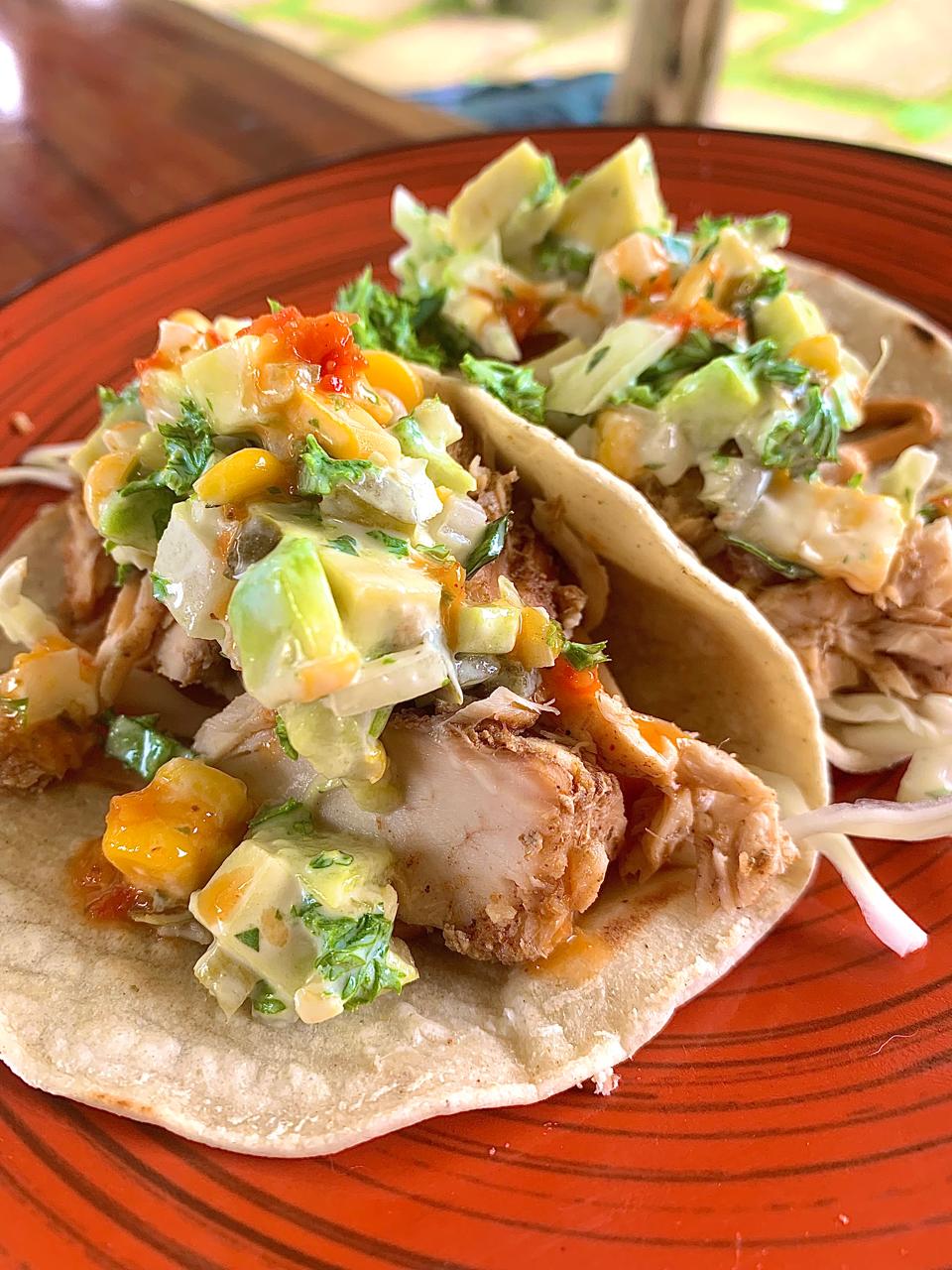 Fish tacos with avocado salsa