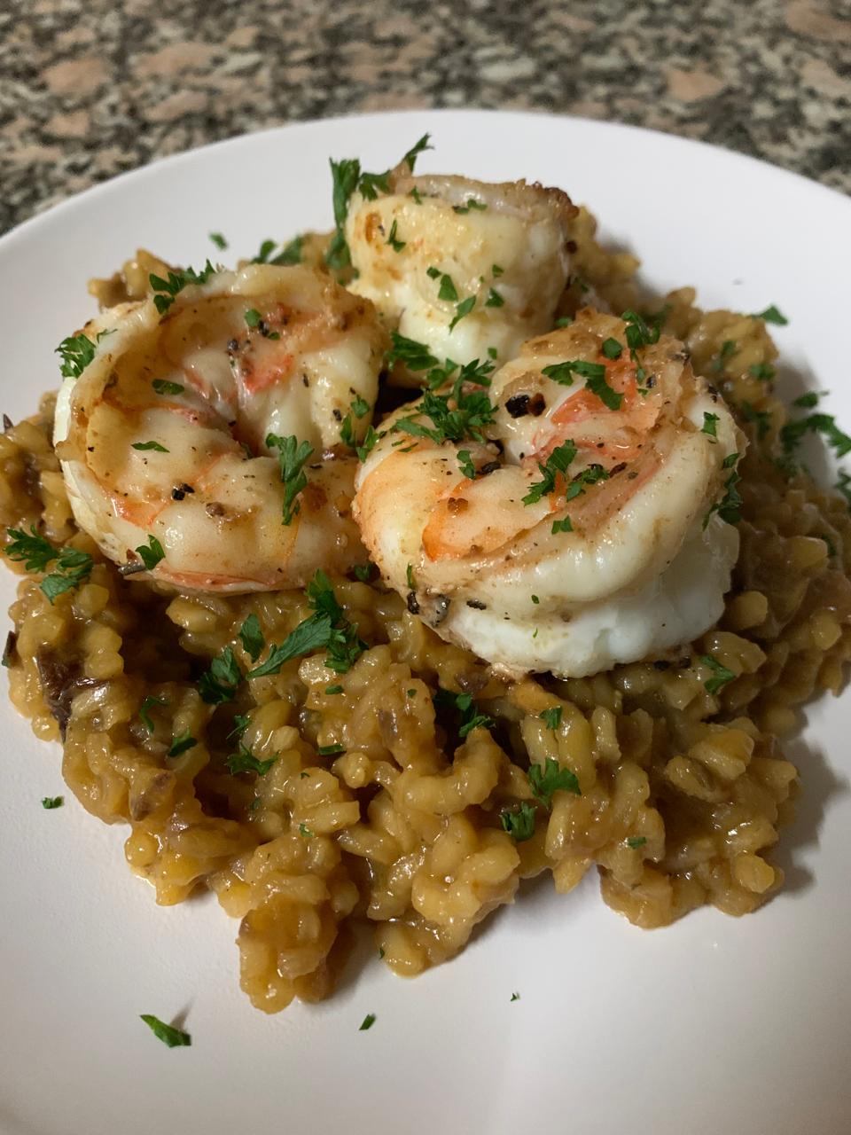 Shrimp served over seasoned rice
